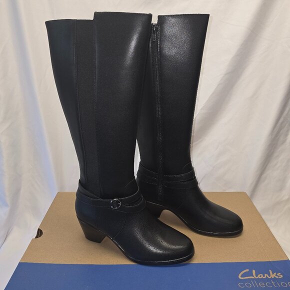 Clarks Emily 2 Dream Black Leather Knee High Boots, Women's Size 7.5M, NIB - Picture 1 of 8